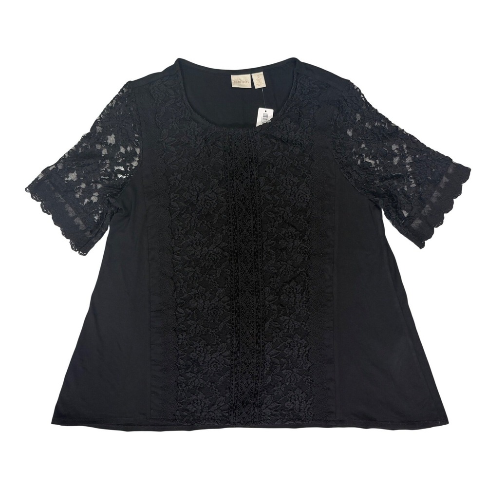 Chicos Lace Front High Low Top SS Knit Fashion Black Size 2/Large NEW